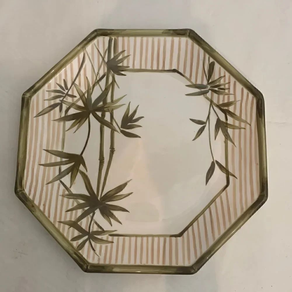 Waverly Bamboo Stalk Plant Plate Green Tan 11 Inches Octagon Serving Platter